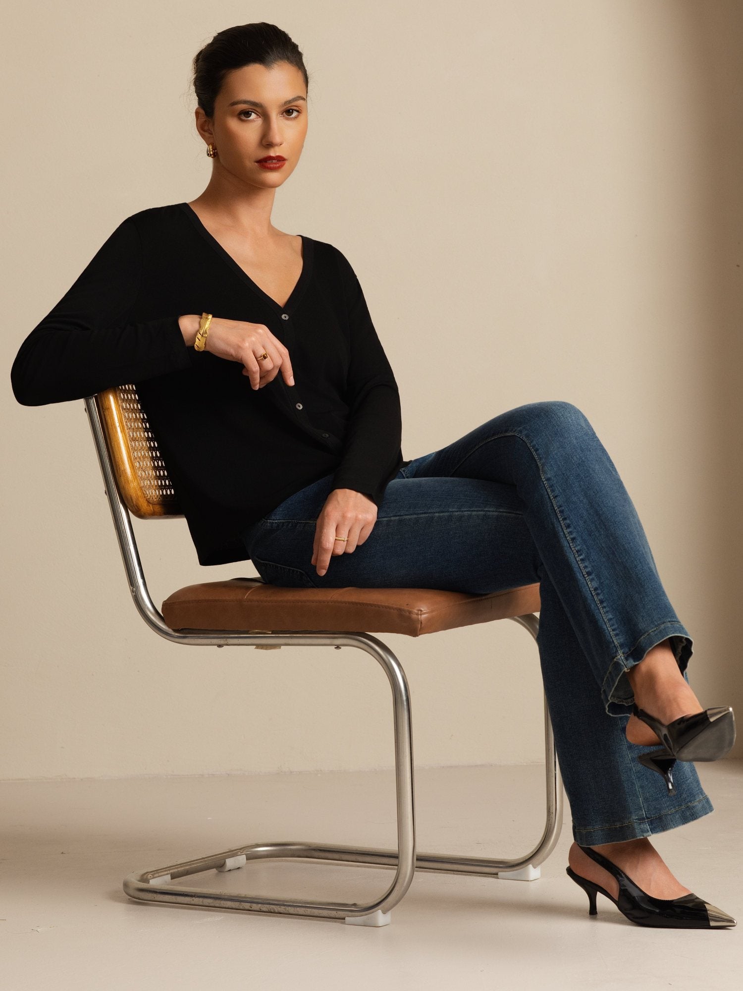 [Black] SilkSilky-UK 19Momme 100% High-Twist Silk Jersey Long Sleeve V Neck Women's Cardigan 007