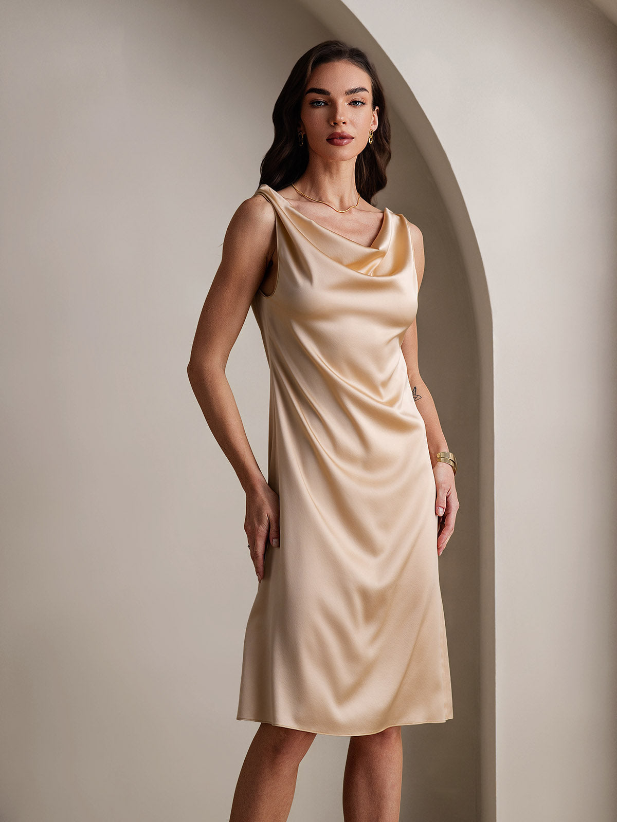 [Champagne] SilkSilky-UK 19Momme Silk Cowl Neck Dress 003