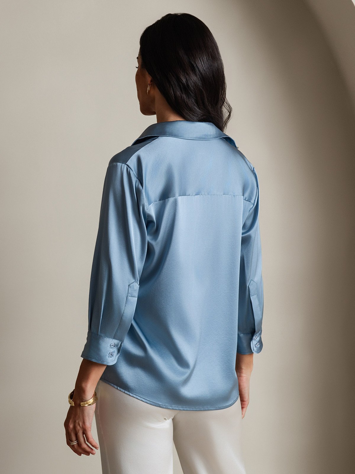 [Grayish Blue] SilkSilky-UK 19Momme Stretch Silk Charmeuse 3/4 Sleeve Lapel Collar Women's Shirt 002
