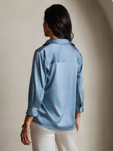 [Grayish Blue] SilkSilky-UK 3/4 Sleeve Lapel Collar Women's Shirt 002