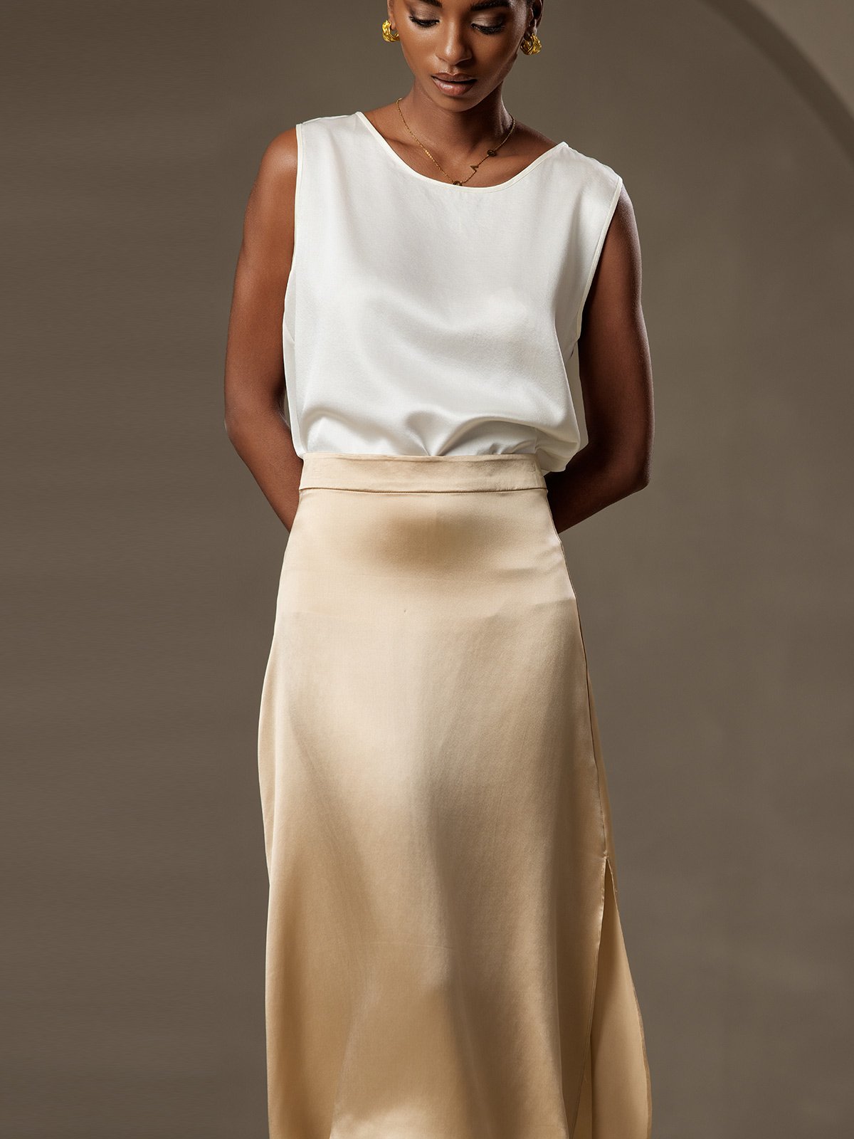 [White] SilkSilky-UK 19Momme Silk Round Neck Camisole 003