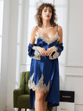 SilkSilky UK Pure Silk 3/4 Sleeve Nightgown&Robe Set DarkBlue 005