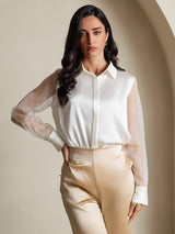 [White] SilkSilky-UK Long Sleeve Lapel Collar Women's Shirt 003