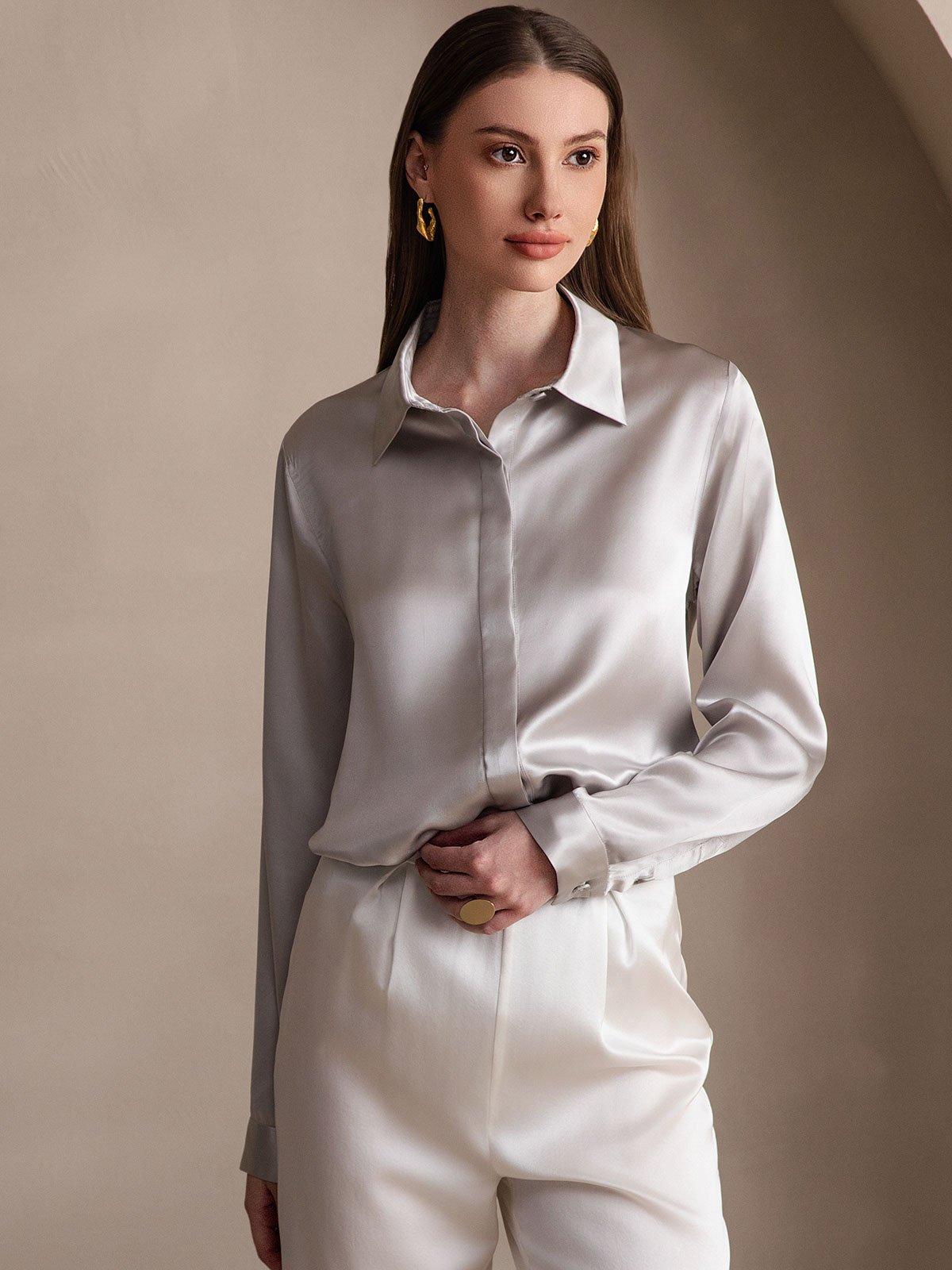 [Light Gray] SilkSilky-UK 19Momme Silk Long Sleeve Collar Women's Shirt 001