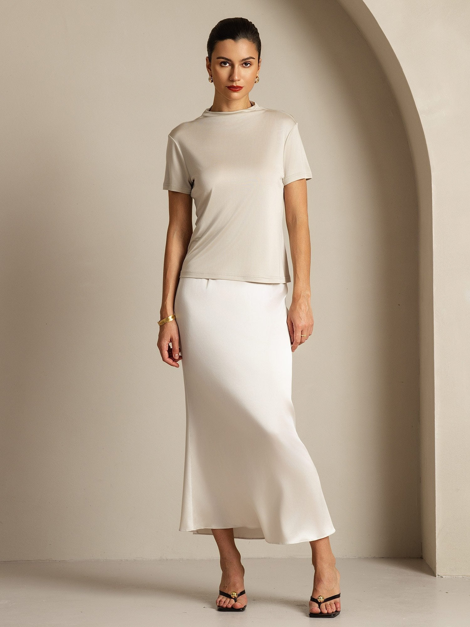 [Gray] SilkSilky-UK Pure Silk Collar Women's T-Shirt 008