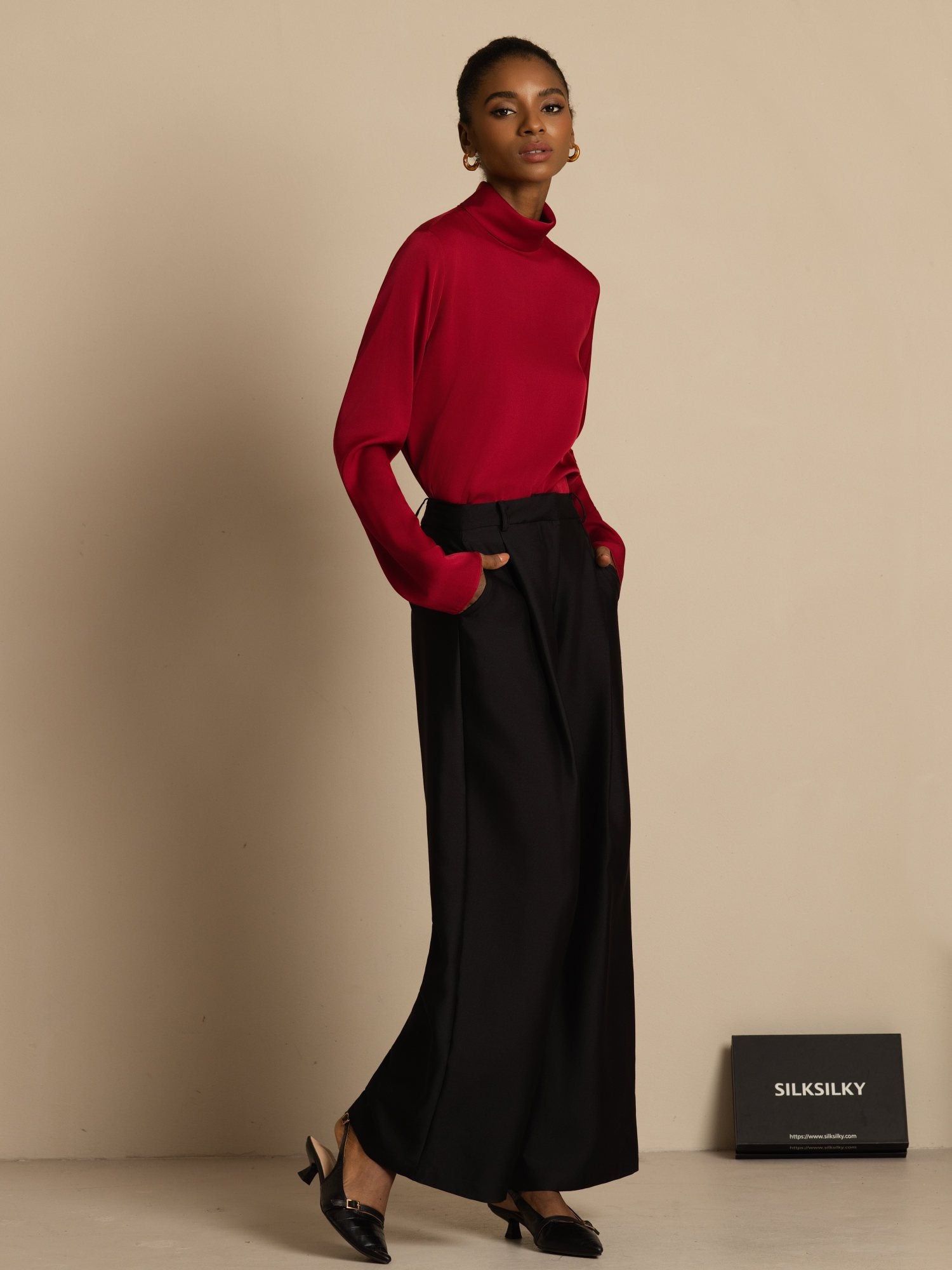 [Wine] SilkSilky-UK 19Momme Silk Long Sleeve Turtle Neck Women's T-Shirt 006