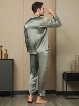 [Grayish Green] SilkSilky-UK Pure Silk Long Sleeve Lapel Men's Pyjamas 002
