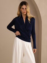 [Dark Blue] SilkSilky-UK Long Sleeve Wrap Women's Blouse 004