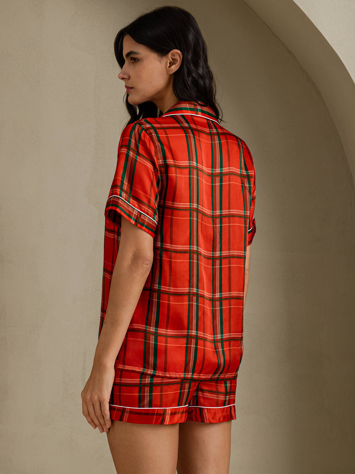 [Red Plaid] SilkSilky-UK Short Sleeve Notch Collar Women's Pyjamas 002