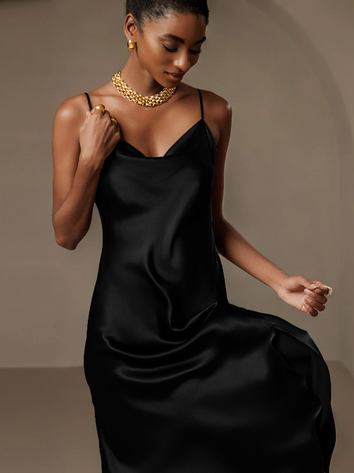 [Black] SilkSilky-UK 19Momme Pure Silk Cowl Neck Dress 006