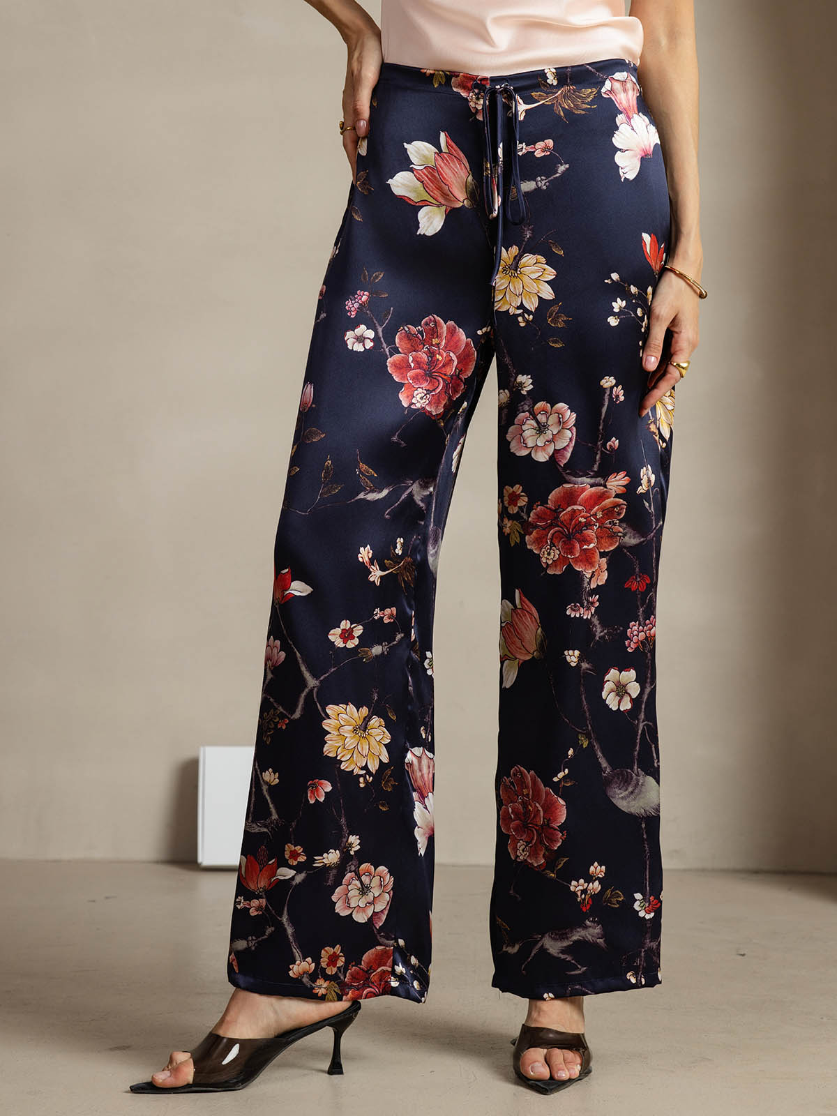 [Navy Floral] SilkSilky-UK 19Momme Silk Womens Pants 001