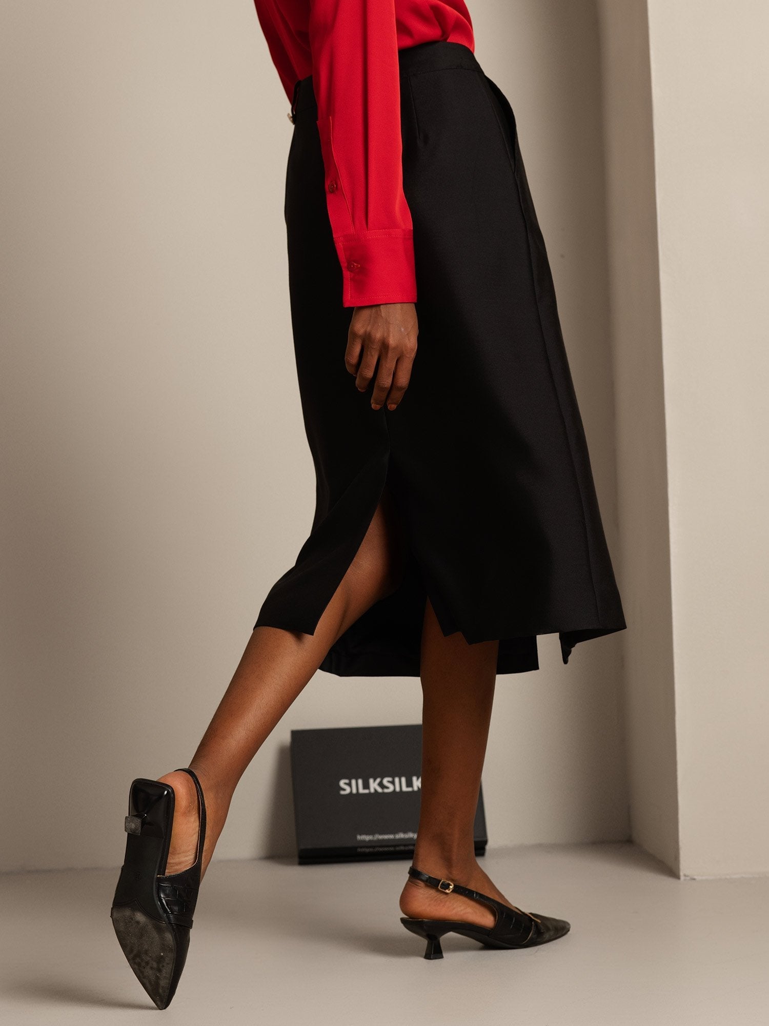 [Black] SilkSilky-UK 32Momme Silk-Wool Blend Split Skirt 002,