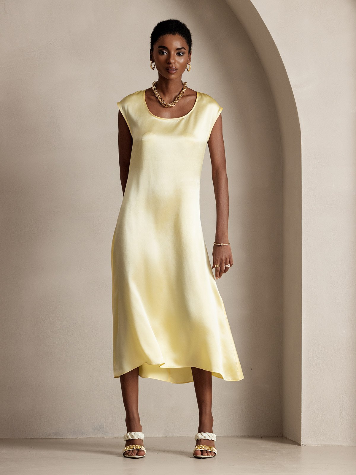 [Light Yellow] SilkSilky-UK 19Momme Silk Cap Sleeve Round Neck Dress 001