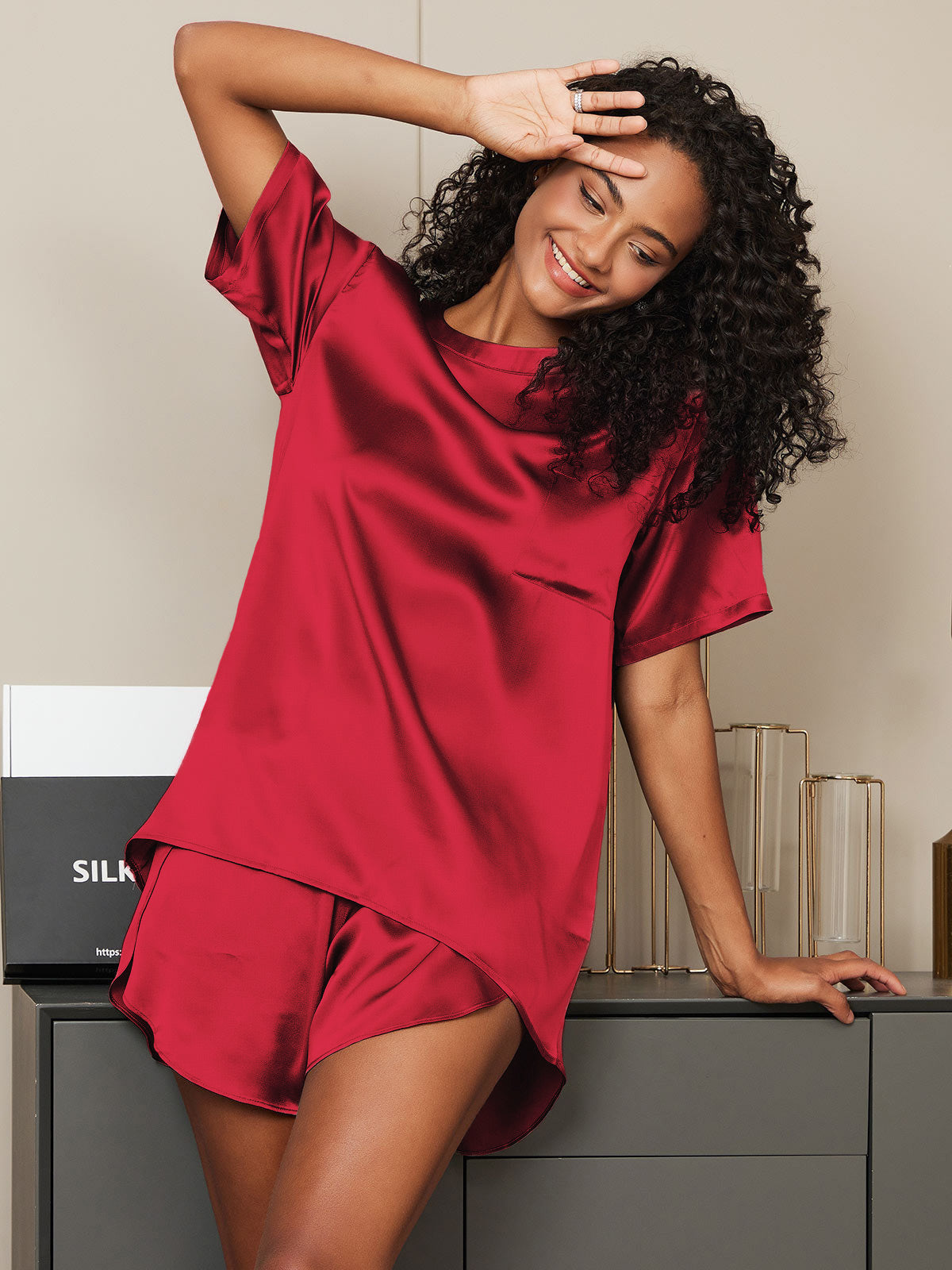 [Wine] SilkSilky-UK Pure Silk Round Neck Women's Pyjamas 001