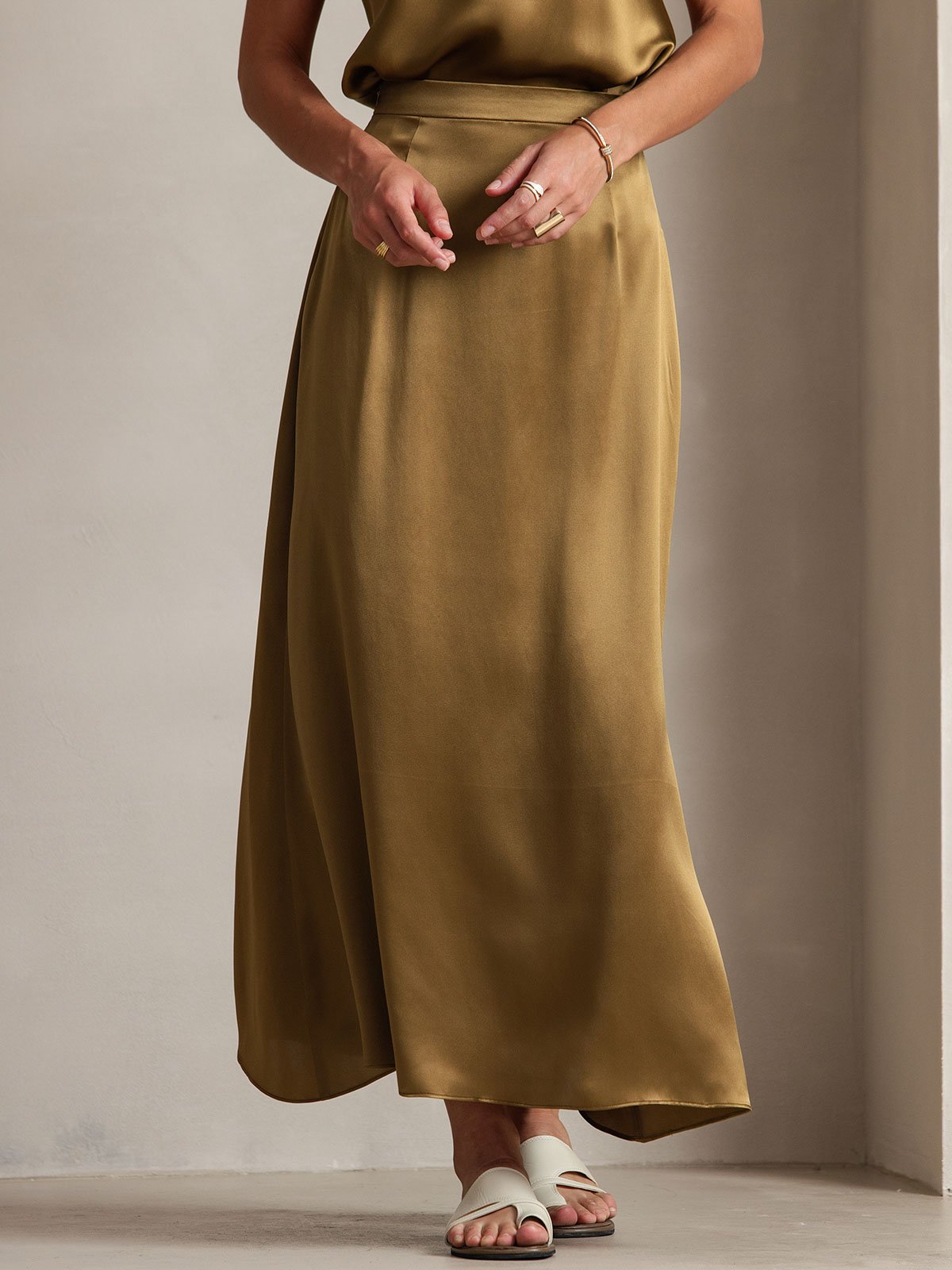 [Brown] SilkSilky-UK 19Momme Stretch Silk Charmeuse Skirt 003