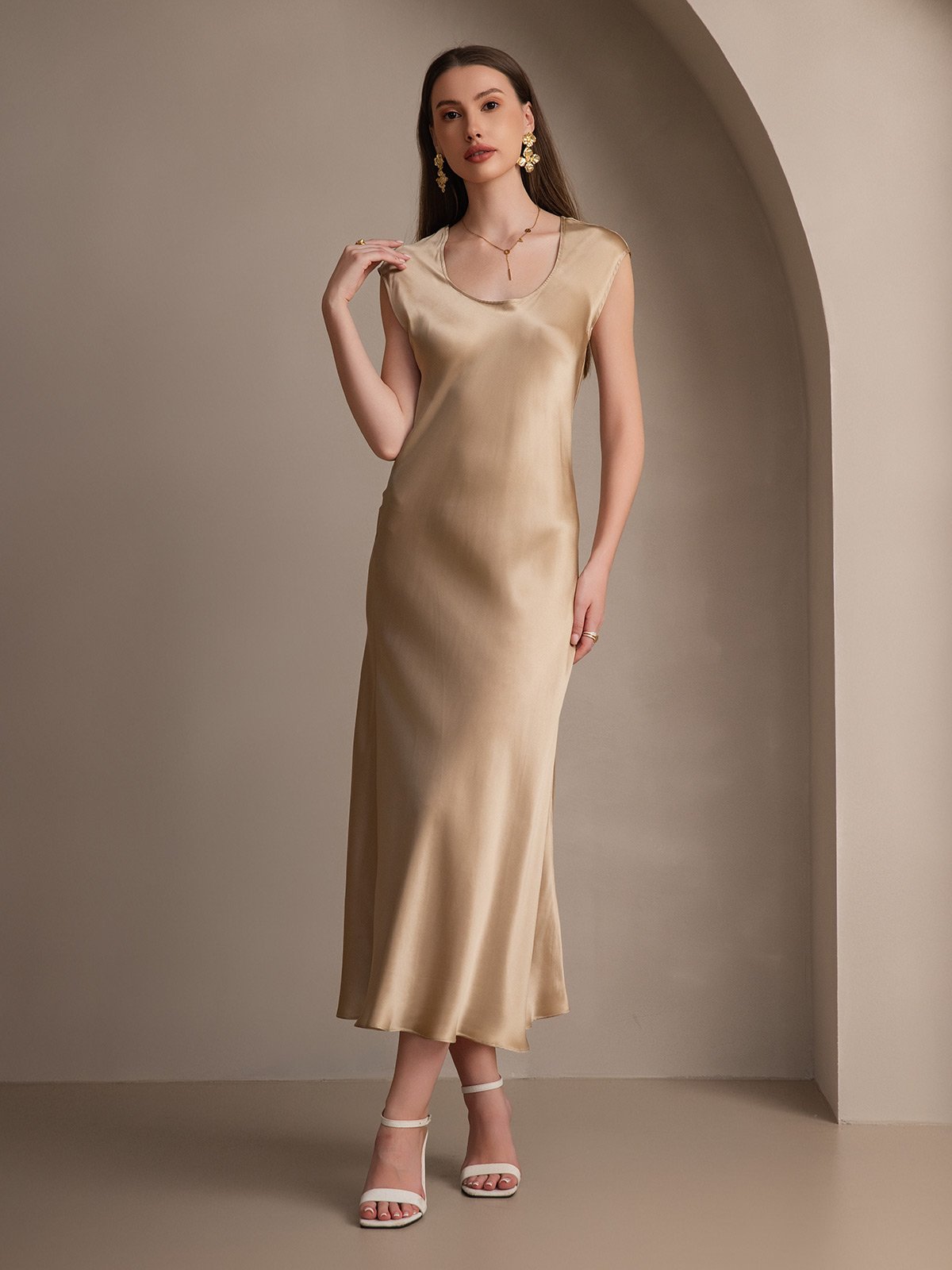 [Champagne] SilkSilky-UK 19Momme Silk Cap Sleeve Round Neck Dress 003