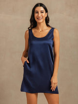 [Dark Blue] SilkSilky-UK 19Momme Machine-Washable Silk Sleeveless Scoop Neck Nightdress 003