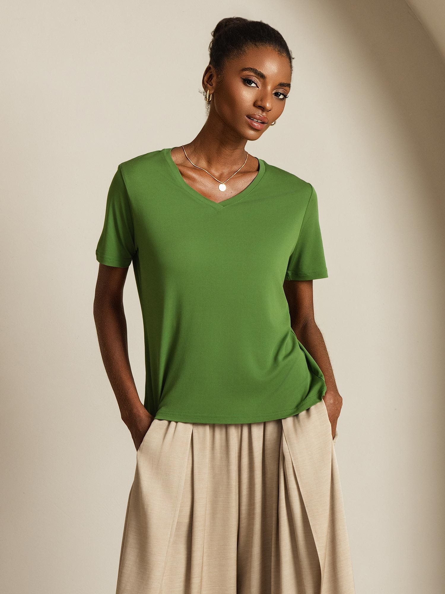[Green] SilkSilky-UK Pure Silk V Neck Women's T-Shirt 001