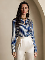 [Navy Stripe] SilkSilky-UK Long Sleeve Lapel Collar Women's Shirt 004