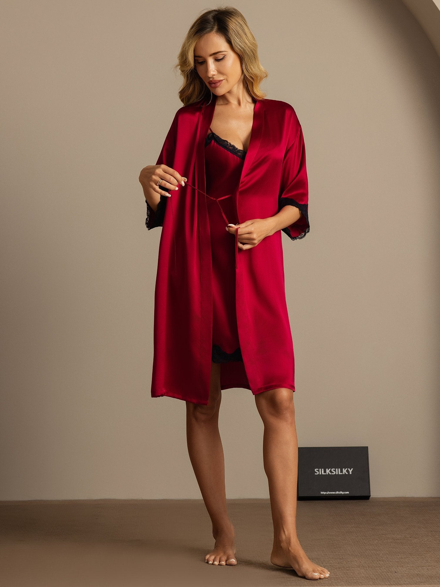 [Wine] SilkSilky-UK Pure Silk V Neck Nightdress&Dressing gowns 008