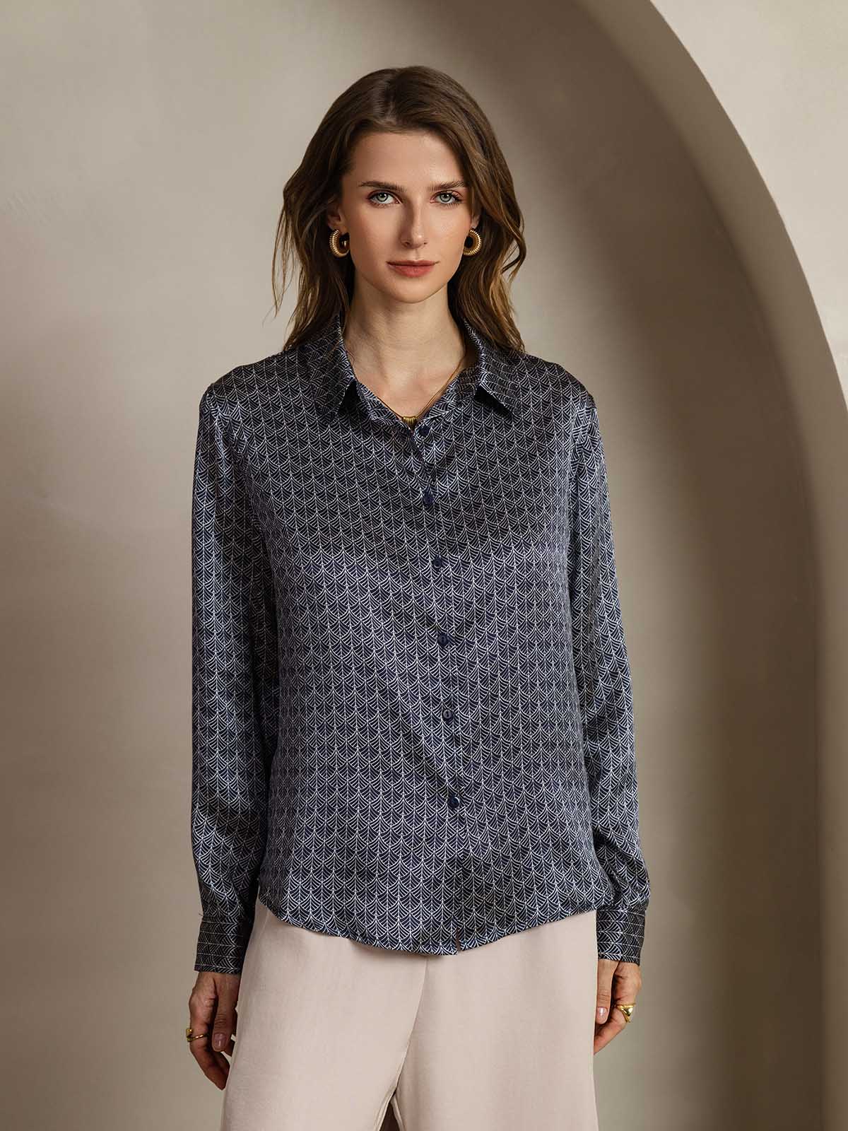 [Navy Ginkgo] SilkSilky-UK Silk Long Sleeve Collar Women's Shirt 001