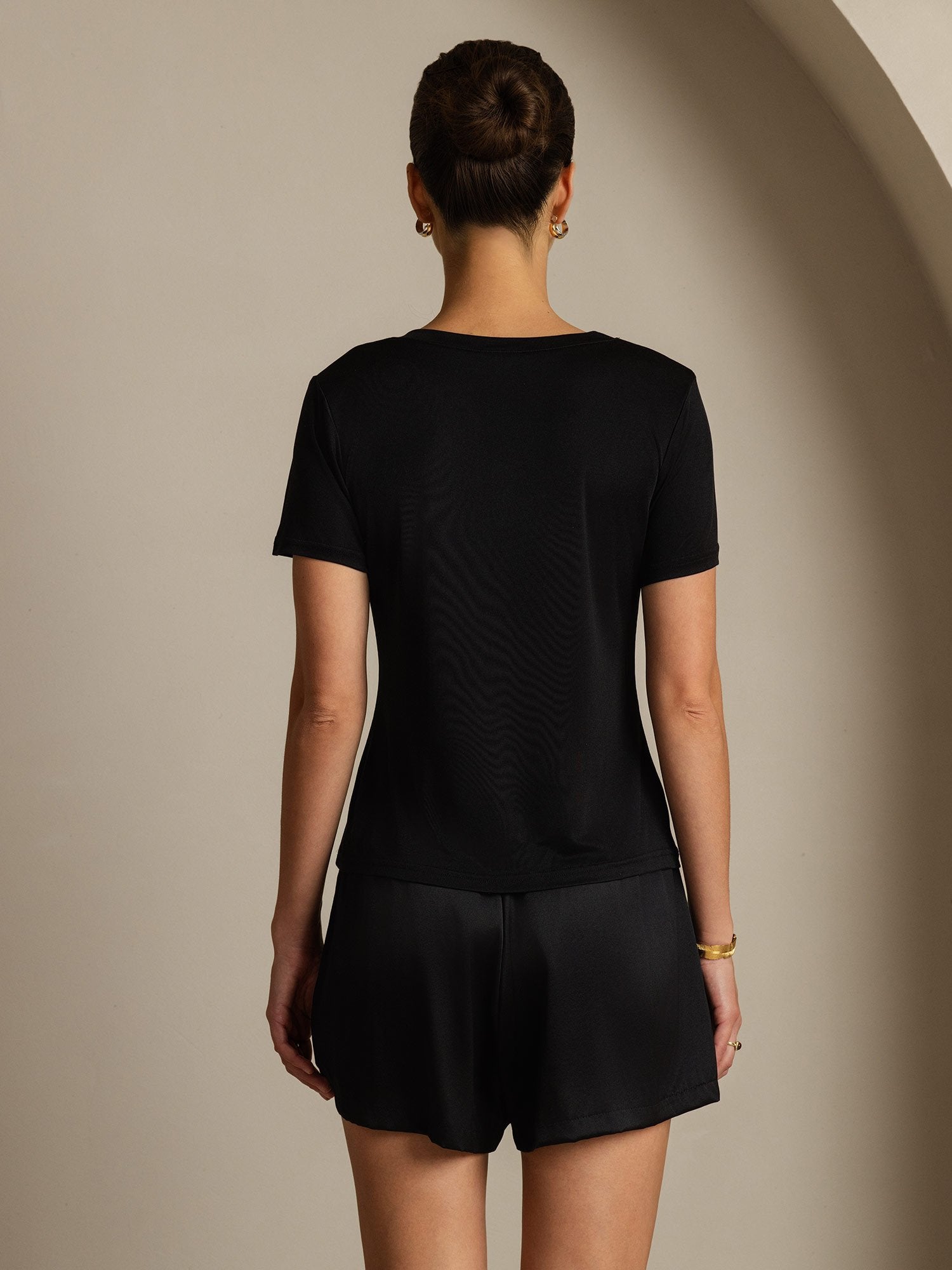 [Black] SilkSilky-UK Pure Silk V Neck Women's T-Shirt 002