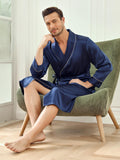 SilkSilky UK Pure Silk Long Sleeve Lapel Men's Dressing Gown DarkBlue 001