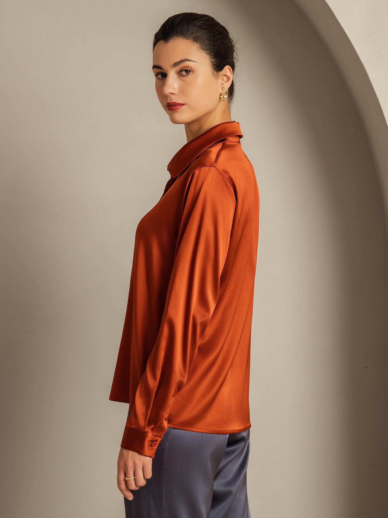 [Caramel] SilkSilky-UK 19Momme Silk Collar Women's Shirt 002
