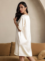 [Beige] SilkSilky-UK Half Sleeve V Neck Nightdress 002