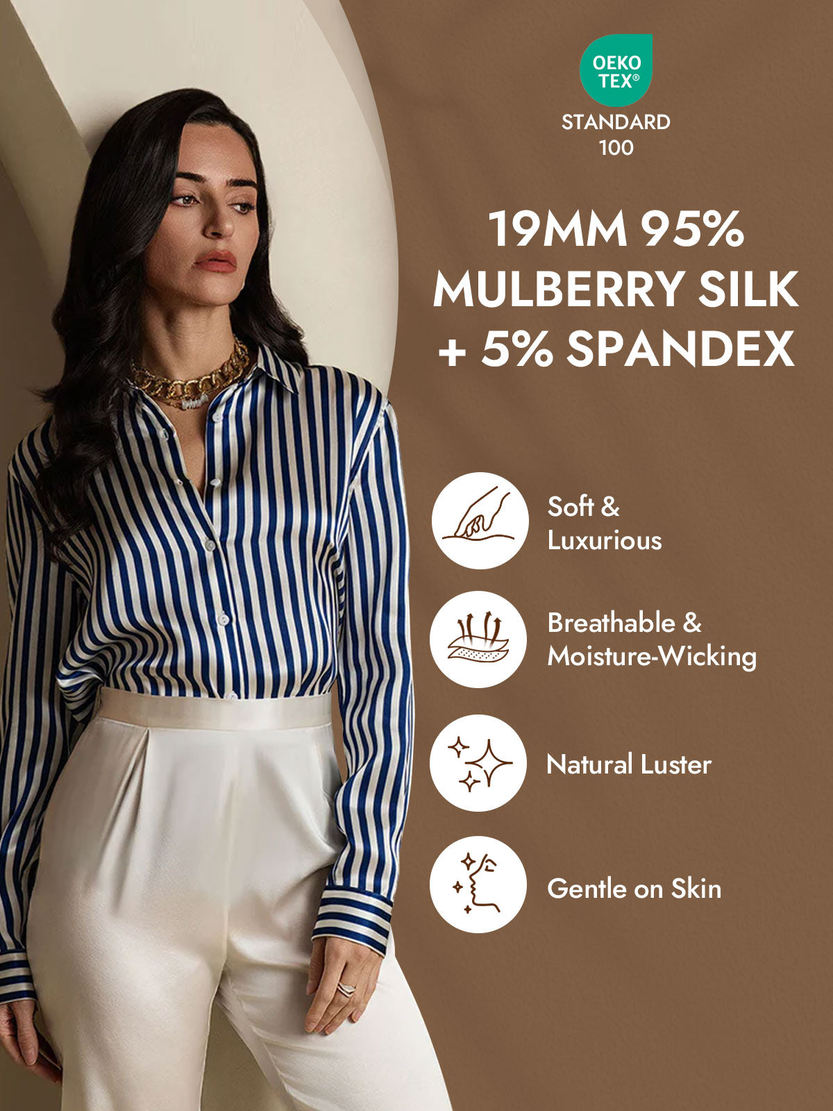 [Navy Stripe] SilkSilky-UK Silk Long Sleeve Collar Women's Shirt 004