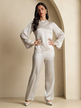 [Light Gray] SilkSilky-UK 19Momme Stretch Silk Charmeuse Long Sleeve Boat Neck Blouse 008