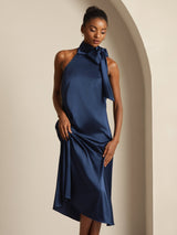 [Dark Blue] SilkSilky-UK Sleeveless Tie Neck Dress 007