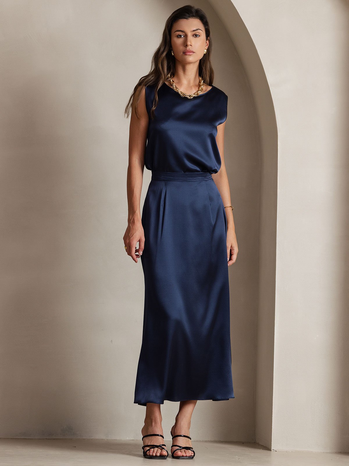 [Dark Blue] SilkSilky-UK 19Momme Stretch Silk Charmeuse Skirt 006