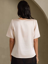 [Beige] SilkSilky-UK Short Sleeve Cowl Neck Women's Blouse 002