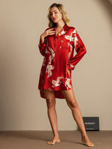 [Dark Red] SilkSilky-UK 19Momme Long Sleeve Notch Collar Nightshirt 006