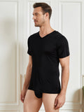 SilkSilky UK Silk Knitted Short Sleeve V Neck Men's T Shirt Black 003