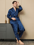 SilkSilky UK Pure Silk Long Sleeve Lapel Men's Dressing Gown DarkBlue 004