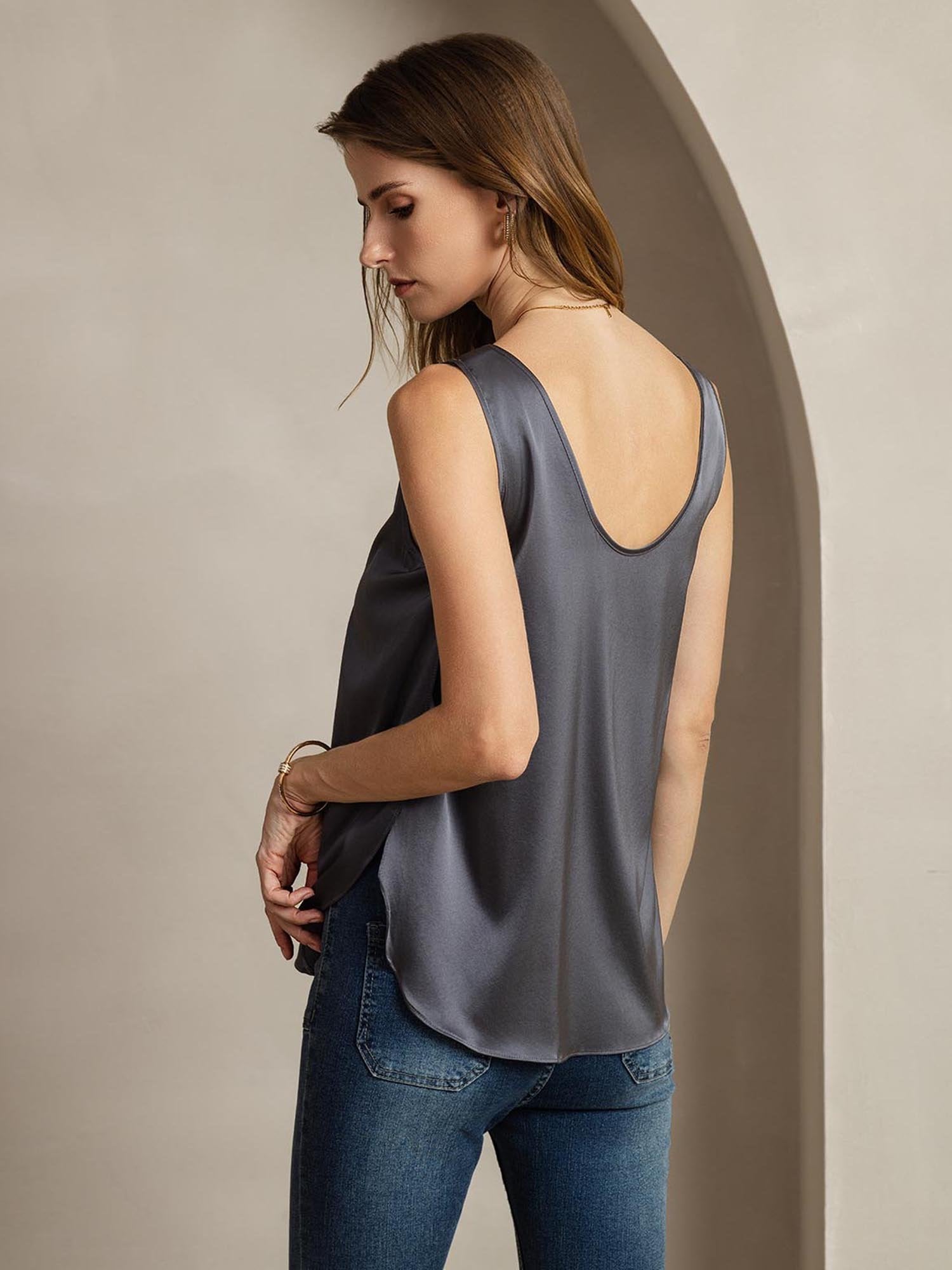 [DarkGray] SilkSilky-UK 19Momme Silk U Neck Women's T-Shirt 003