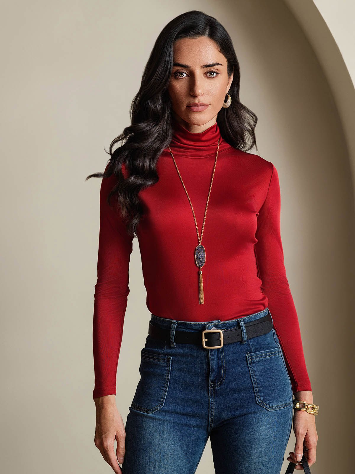 [Wine] SilkSilky-UK Silk Jersey Long Sleeve Turtle Neck Women's T-Shirt 001