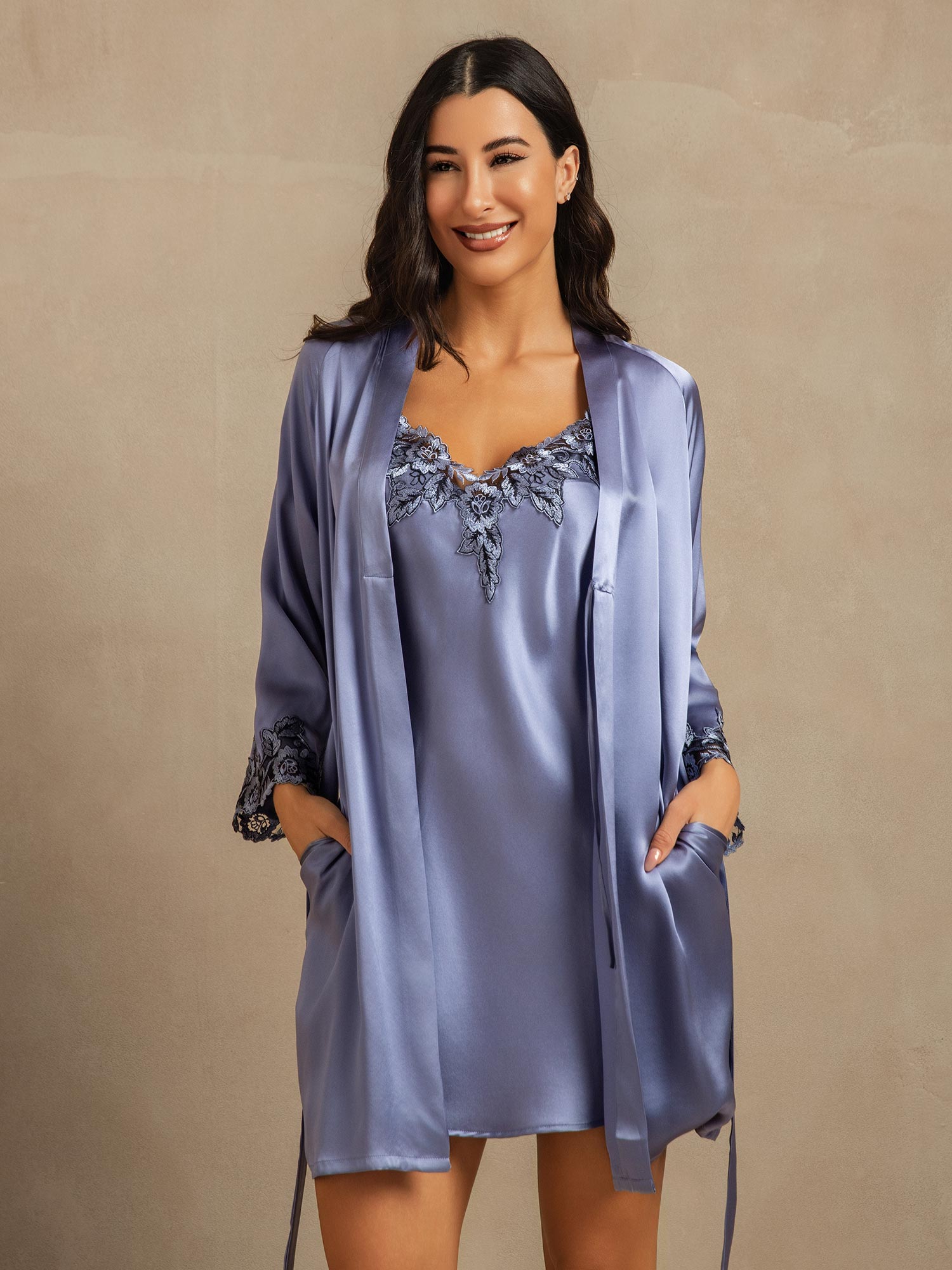 [Steel Blue] SilkSilky-UK Pure Silk V Neck Nightdress&Dressing gowns 008
