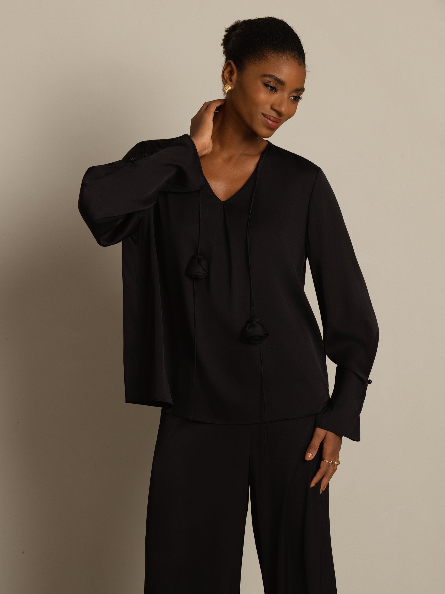 [Black] SilkSilky-UK 19Momme Stretch Silk Double Georgette Long Sleeve V Neck Blouse 004