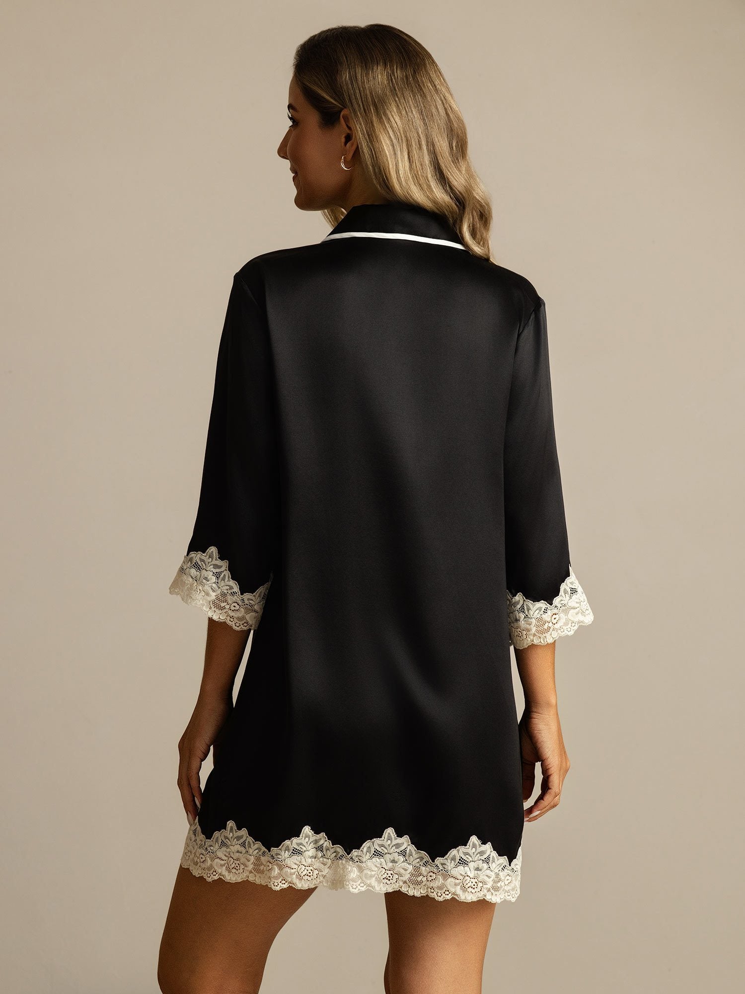 [Black] SilkSilky-UK Pure Silk Collar Nightshirt 002