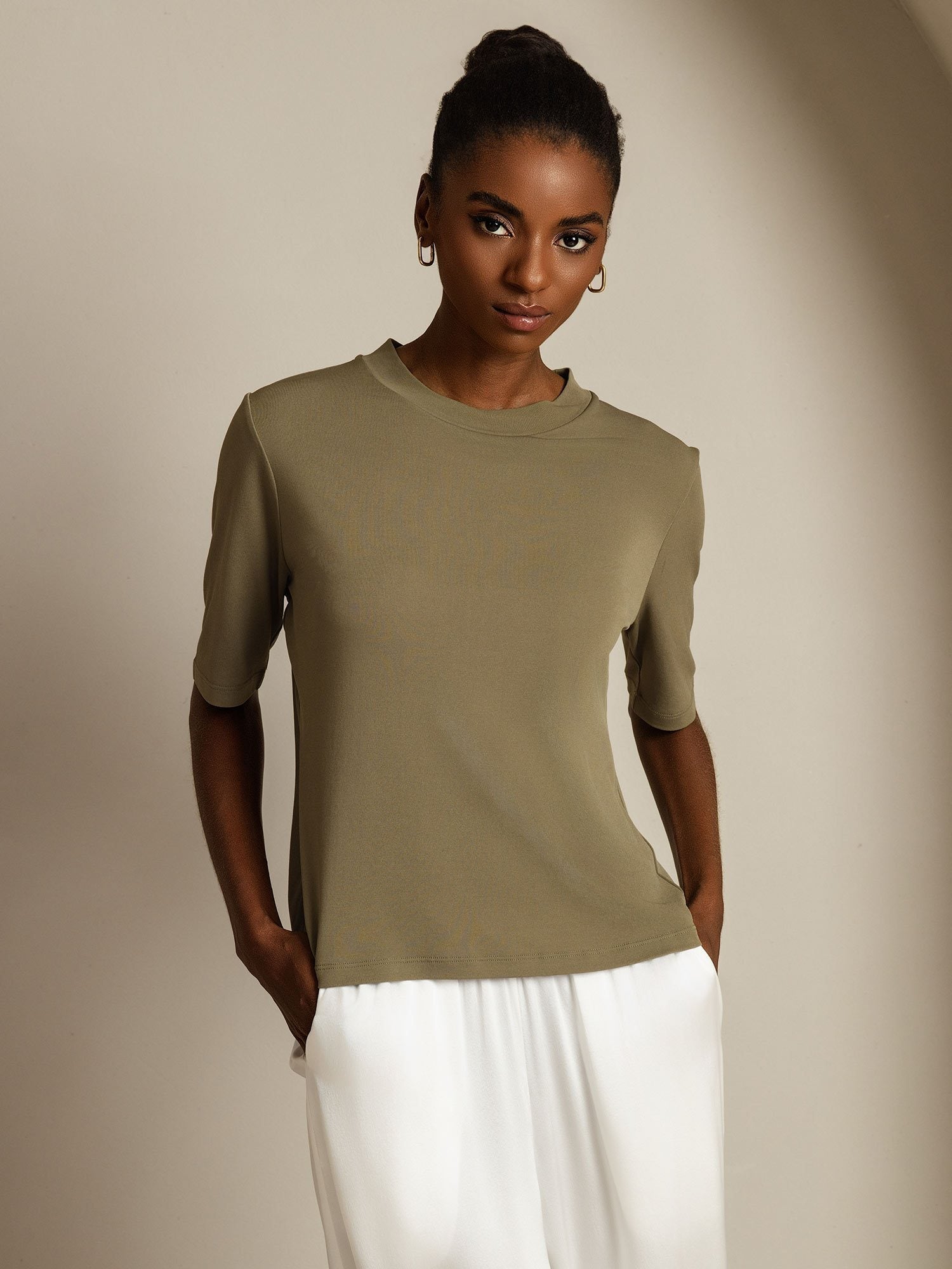 [Burnt Olive] SilkSilky-UK Pure Silk Round Neck Women's T-Shirt 003