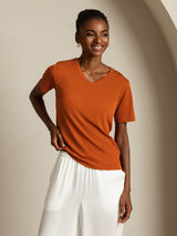 [Orange] SilkSilky-UK Short Sleeve V Neck Women's T-Shirt 007