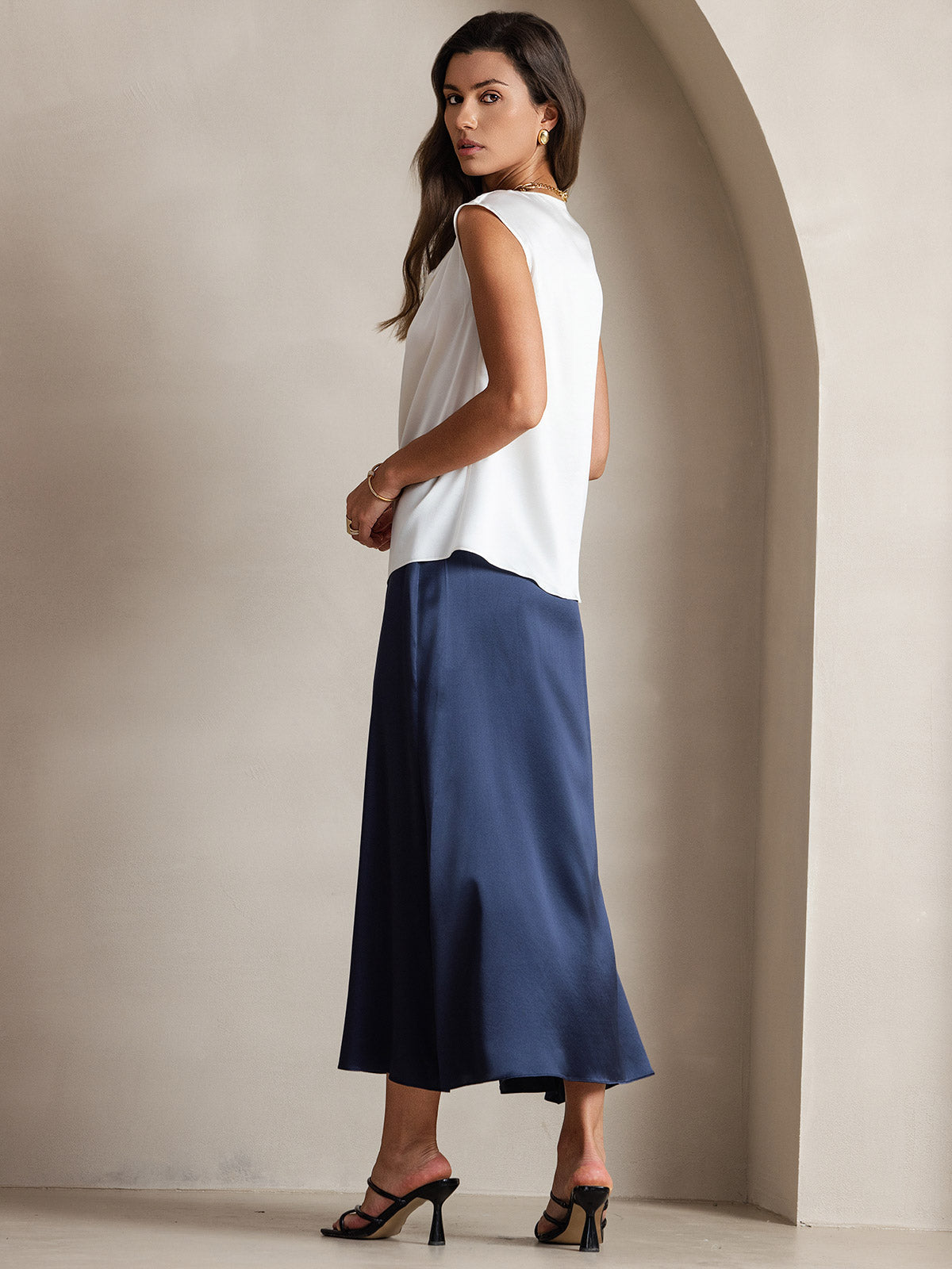 [White] SilkSilky-UK 19Momme Silk Cap Sleeve Cowl Neck Women's T-Shirt 002