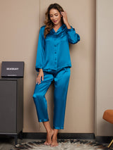 [Teal] SilkSilky-UK Long Sleeve Lapel Collar Women's Pyjamas 003