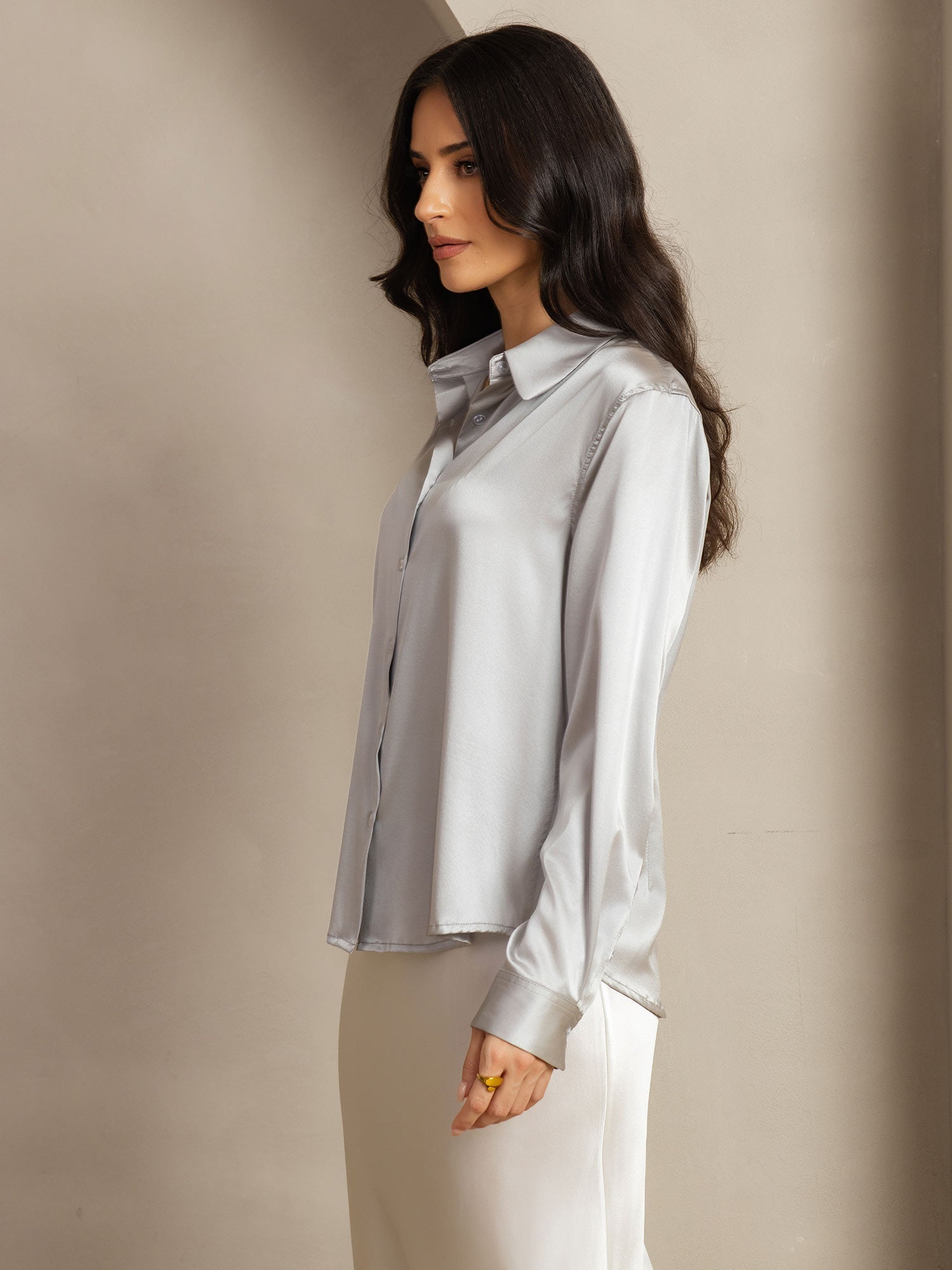 [Light Gray] SilkSilky-UK Silk Long Sleeve Collar Women's Shirt 003