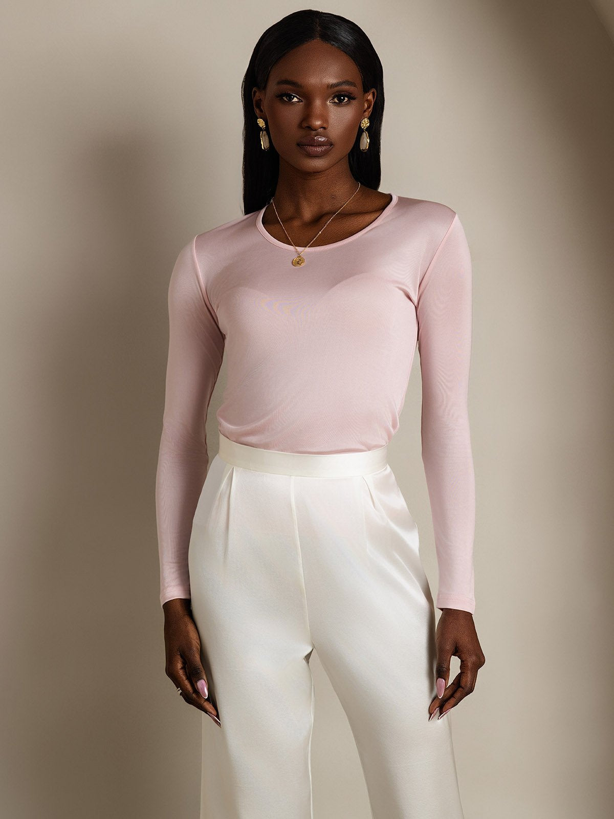 [Coral Pink] SilkSilky-UK Silk Round Neck Women's T-Shirt 001