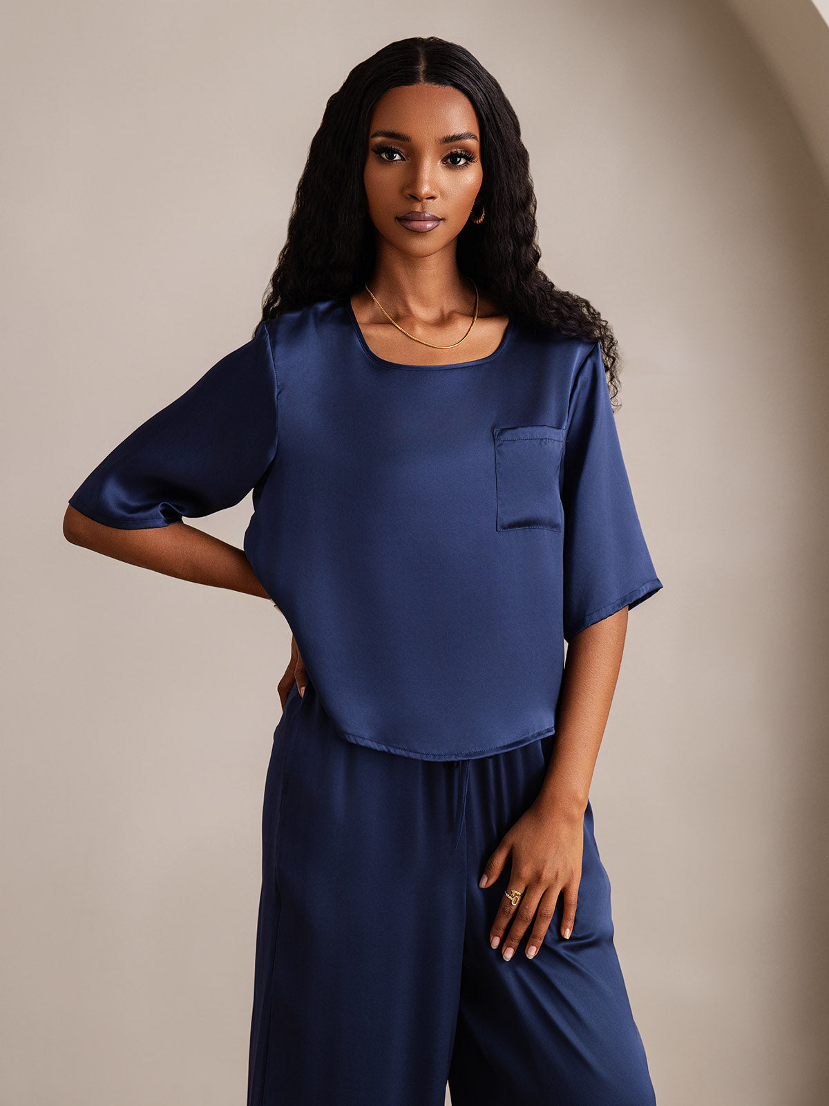 [Dark Blue] SilkSilky-UK Half Sleeve Round Neck Women's Pyjamas 007