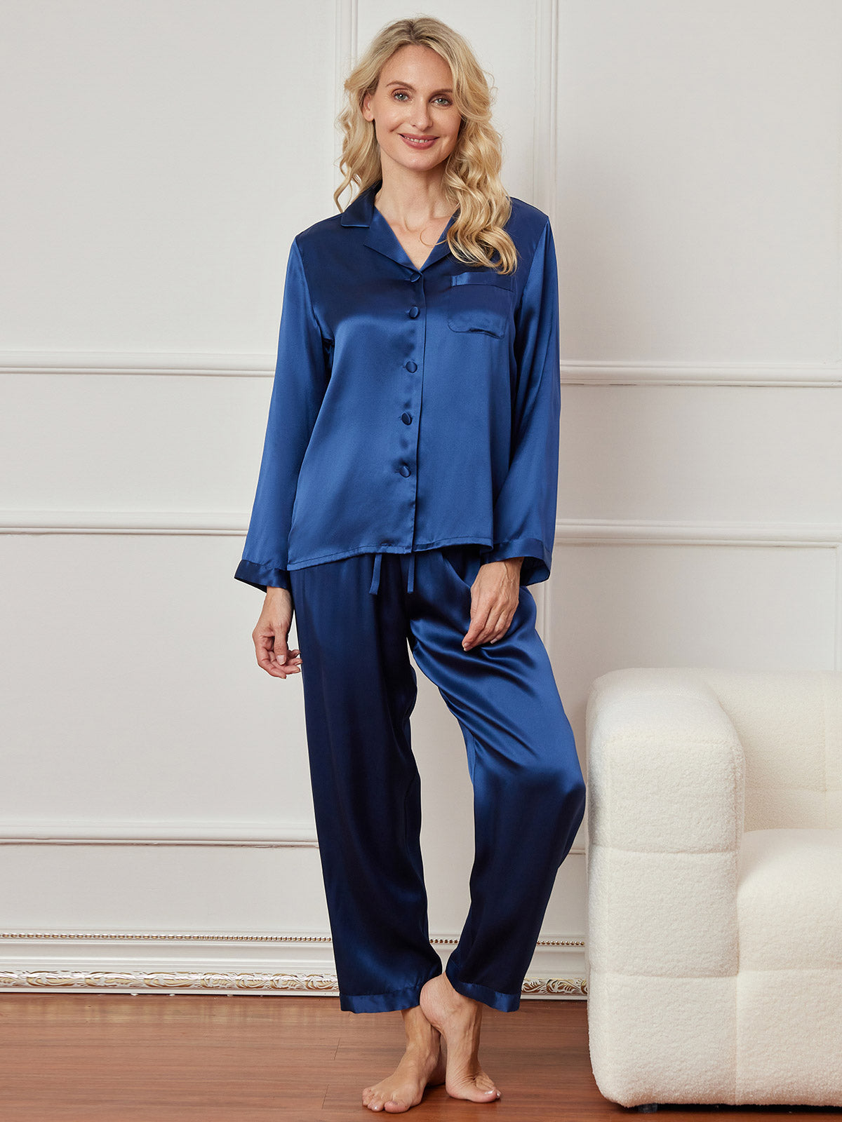 SilkSilky UK Pure Silk Long Sleeve Lapel Women's Pyjamas DarkBlue 001